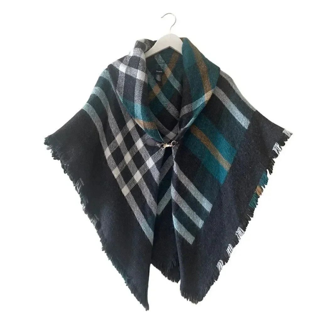 Modena Women Turtle Neck Knit Fringe Plaid Poncho Cape Soft Shawl One  Size